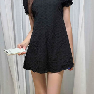 Cotton Flower Punched Puff Back Tied Shirred Square Neck Flare Mini Dress