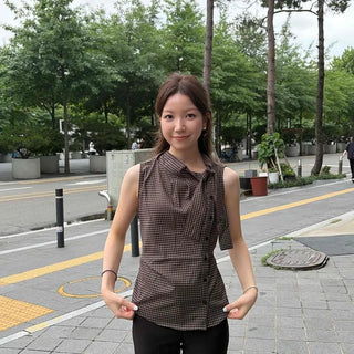 Check Collar Tie Waistband Diagonal Button Slim Fit Sleeveless Blouse