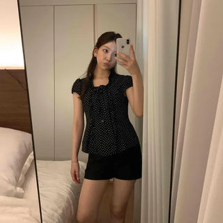 Dot Collar Ribbon Puff Sleeve Shirred Waist Cinched Delicate Fit Chiffon Blouse