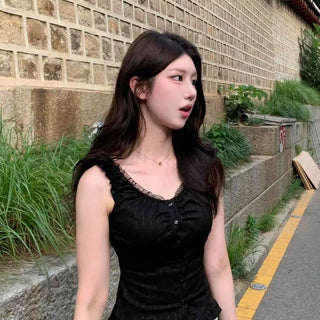 Square Neck Button Lace Frill Cotton Slim Fit Sleeveless