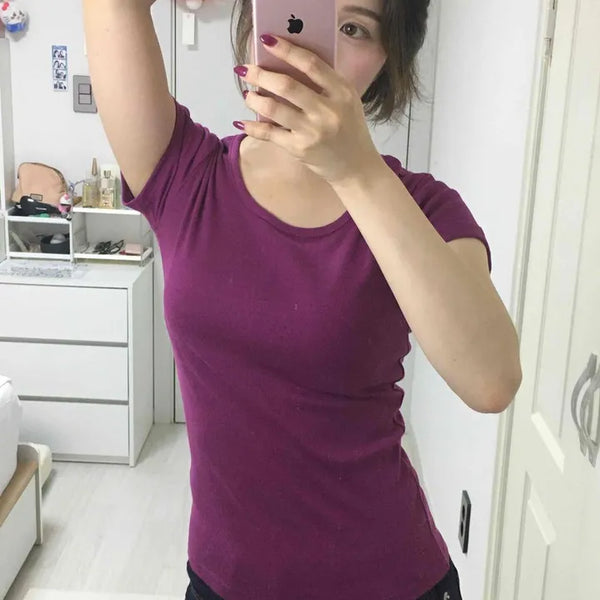 Round Neck Slim Cinched Fit Inner Layering Cotton Short Sleeve T-shirt
