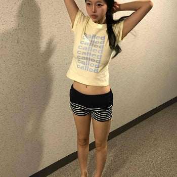 Striped Layered Folding Ribbed Elastic Slim Fit Shorts