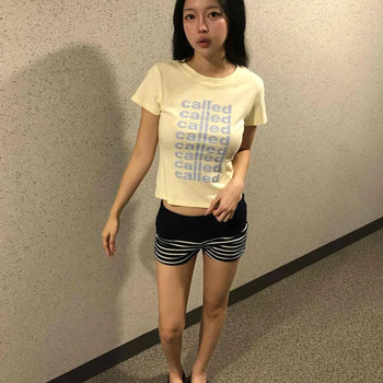 Lettering Round Neck Slim Fit Crop Short Sleeve T-shirt