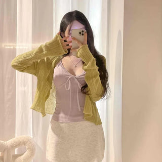 Wool Ribbed See-through Fluffy Button Delicate Fit Long Sleeve Cardigan