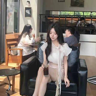See-through Collar Ribbon Tie Tencel Button Loose Fit Blouse