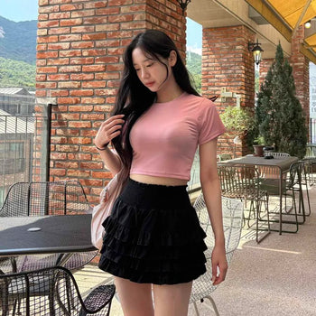 Stretchy Cotton Cooling Round Neck Crop Short Sleeve T-shirt