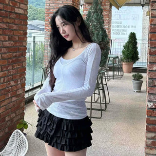 Deep V-Neck Ribbed Slim Fit Knit Long Sleeve T-Shirt
