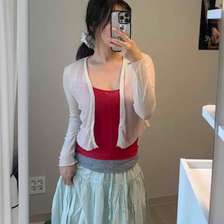 Tencel Ribbed V-Neck See-through Flowy Open Loose Fit Crop Cardigan