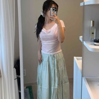 Chiffon High-Waisted String Ribbon Elastic Pleated Petit Tiered Long Skirt