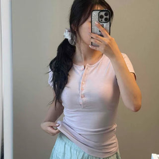 Modal Button Stretchy Fit Round Neck Short Sleeve T-shirt