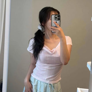 Modal Draping See-through V-Neck Slim Fit Short Sleeve T-shirt