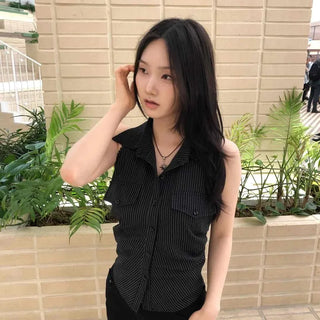 Striped Collar Shirred Ribbon Back Slit Sleeveless Crop Slim Fit Shirt