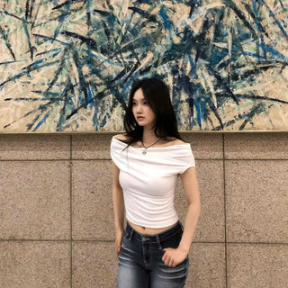 Modal Shirred Twist Delicate Fit Cap Sleeve Boat Neck Crop Short Sleeve T-shirt