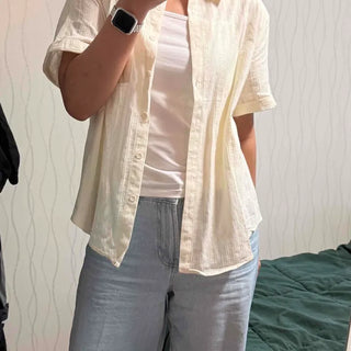 Cotton Stripe Punched Crochet Pocket Button Loose Fit Short Sleeve Shirt