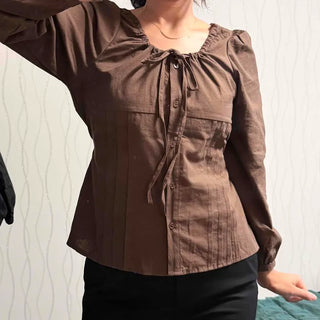 Cotton Pintuck Puff Ribbon Round Neck Slim Fit Blouse