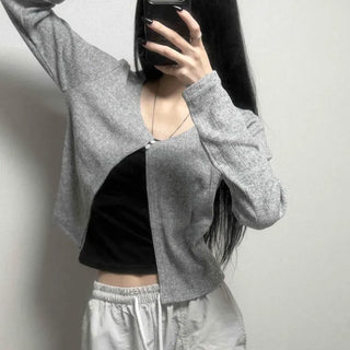 Ribbed Knit Round Neck Slim Fit Two-Button Crop Layered Cardigan