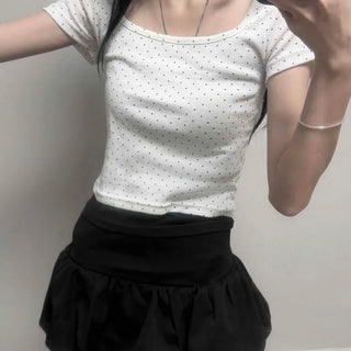 Dot Square Neck Slim Fit Crop Short Sleeve Tee