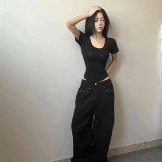 Modal U-Neck Cinched Waist Rounded Sleeves Slim Fit Crop Short Sleeve T-shirt