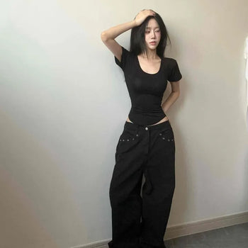 Modal U-Neck Cinched Waist Rounded Sleeves Slim Fit Crop Short Sleeve T-shirt