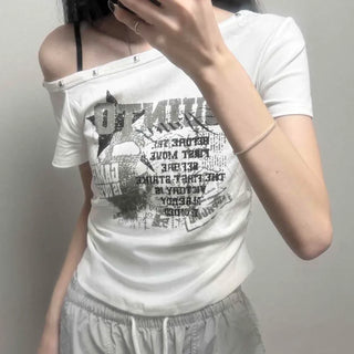 Boat Neck Side Shirred Lettering Studded Slim Fit Crop Short Sleeve T-shirt