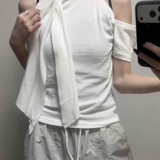 Off-shoulder Tie See-through Slit Short Sleeve Knit Blouse