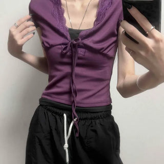 Deep V-Neck Ribbon Lace Cut Stretchy Slim Fit Crop Short Sleeve T-Shirt