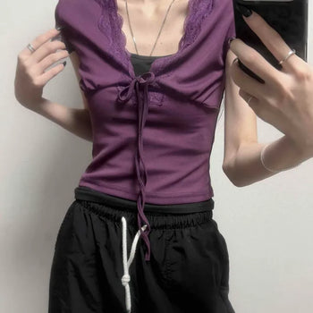 Deep V-Neck Ribbon Lace Cut Stretchy Slim Fit Crop Short Sleeve T-Shirt