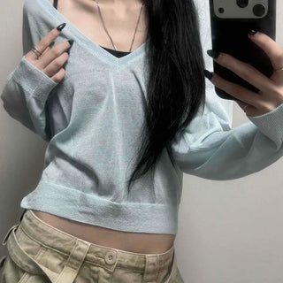 See-through V-neck Loose Fit Crop Layered Knit