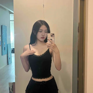 Lace Punched Ribbon Buckle Adjustable V-Neck Slim Fit Semi-Crop Sleeveless