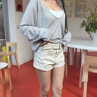 Deep V-Neck Slub See-Through Oversized Delicate Fit Long Sleeve T-Shirt