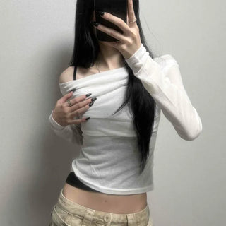 Mir Drape Off-Shoulder Crop Long Sleeve T-Shirt
