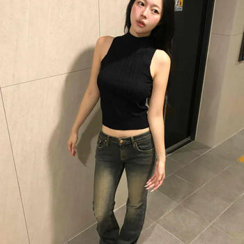 Ribbed High-Neck Halter Neck Slim Fit Semi-Crop Sleeveless