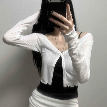 Ribbed V-neck See-through Bolero Crop Cardigan