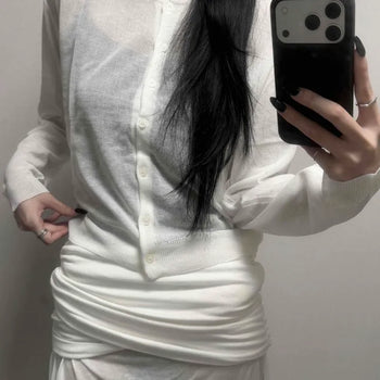 See-through Round Neck Loose Fit Button Knit Cardigan
