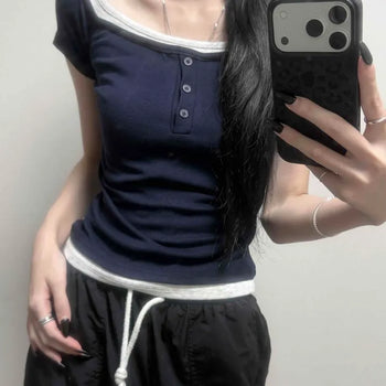 Stretchy Square Neck One-Off Shoulder Button Slim Crop Short Sleeve Tee