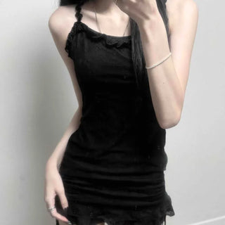 Square Neck Punched Lace Frill Ribbon String Cinched Waist Slim Fit Sleeveless Mini Dress