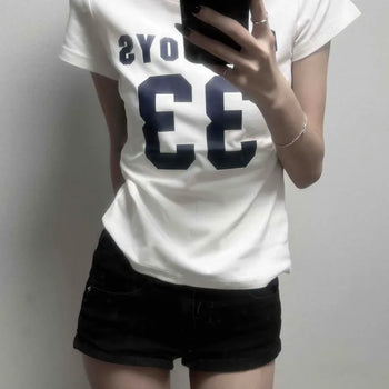 Cotton Blend Round Neck Logo Lettering Crop Slim Fit Short Sleeve T-shirt