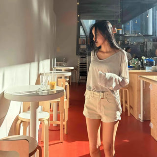 Denim Big Buckle High-Waisted Distressed Pocket Slim Shorts