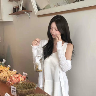 Ribbed V-neck See-through Reversible Hand-covering Button Slim Fit Knit Cardigan