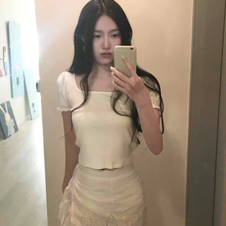 Lace Punching Flower Pattern Ribbon Strap Flare Cotton Skort Mini Skirt