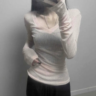 See-through V-neck Knit Stretchy Slim Fit Long Sleeve T-shirt