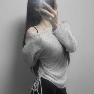 Knit Off-Shoulder String Cover-up Long-Sleeve T-Shirt
