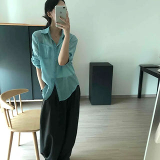 Gauze Linen Sheer Shirt Collar Button Pastel Two-Tone Loose Fit Blouse