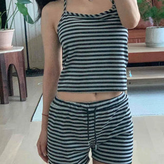 Halter Neck Striped Cropped Slim Fit Elastic Pants Two-Piece Set