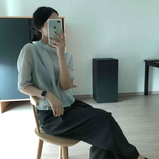 Chiffon See-through Puff Tie Collar Slim Fit Blouse