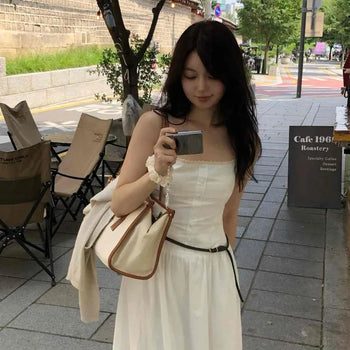 Cotton Square Neck Shirred Frill Adjustable Strap Sleeveless Long Dress
