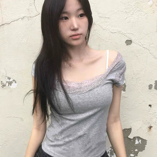 Lace Square Neck Cap Sleeve Layered Slim Fit Inner Short Sleeve Tee