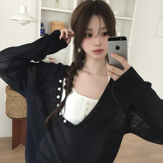DN Button Deep V-Neck Loose Fit Knit