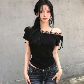 Feminine Mood, Lace Ribbon Strap One-Off Shoulder Side Shirring Slim Delicate Fit Short Sleeve T-shirt