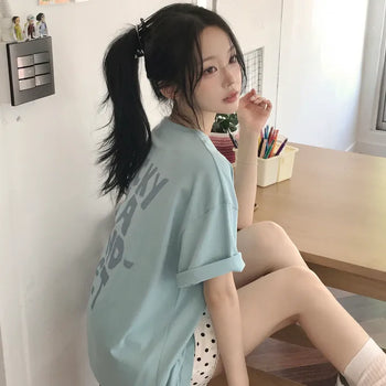 Lettering Point, Lucky Printed Lettering Back Print Round Neck Boxy Loose Oversized Short Sleeve T-shirt